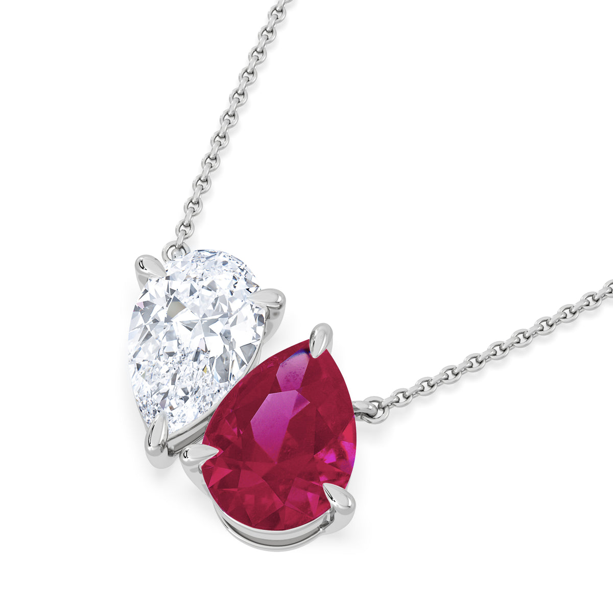 Toi Et Moi 1.50ct Pear Lab Diamond and 2.50ct Pear Lab Ruby Necklace in 18K White Gold