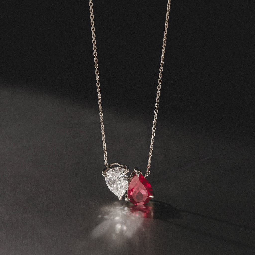 Toi Et Moi 1.50ct Pear Lab Diamond and 2.50ct Pear Lab Ruby Necklace in 18K White Gold
