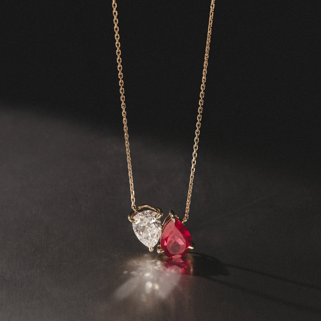 Toi Et Moi 1.50ct Pear Lab Diamond and 2.50ct Pear Lab Ruby Necklace in 18K Yellow Gold