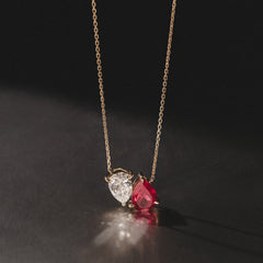 Toi Et Moi 1.50ct Pear Lab Diamond and 2.50ct Pear Lab Ruby Necklace in 18K Yellow Gold