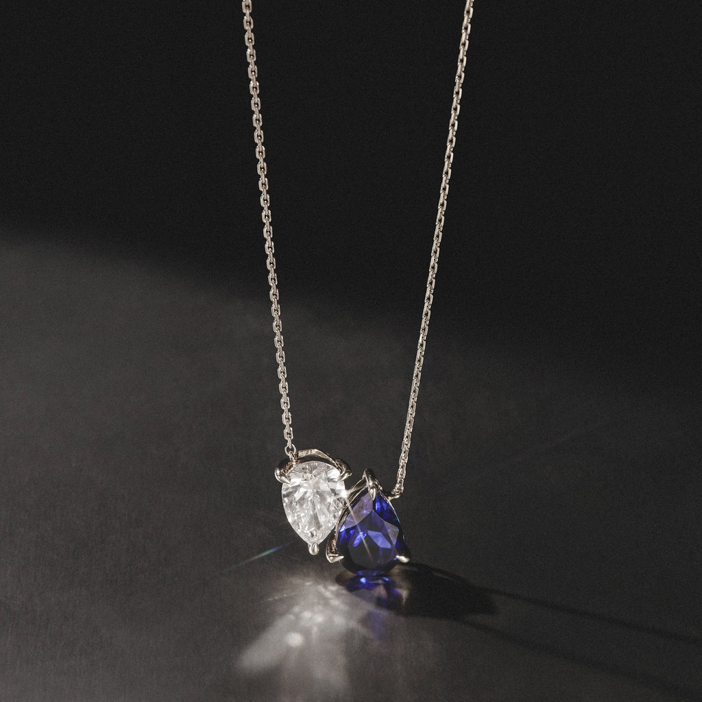 Toi Et Moi 1.50ct Pear Lab Diamond and 2.50ct Pear Lab Sapphire Necklace in 18K White Gold