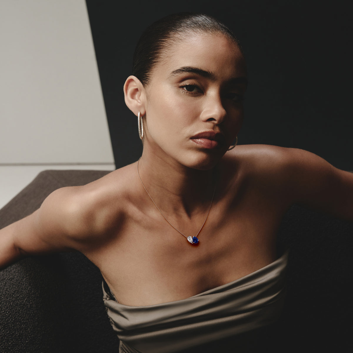 Toi Et Moi 1.50ct Pear Lab Diamond and 2.50ct Pear Lab Sapphire Necklace in 18K White Gold