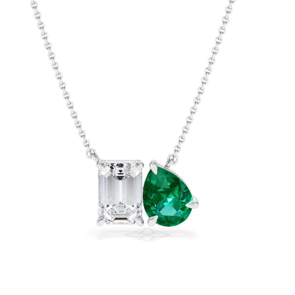 Toi Et Moi 1.50ct Emerald Cut Lab Diamond and 1.30ct Pear Lab Emerald Necklace in 18K White Gold