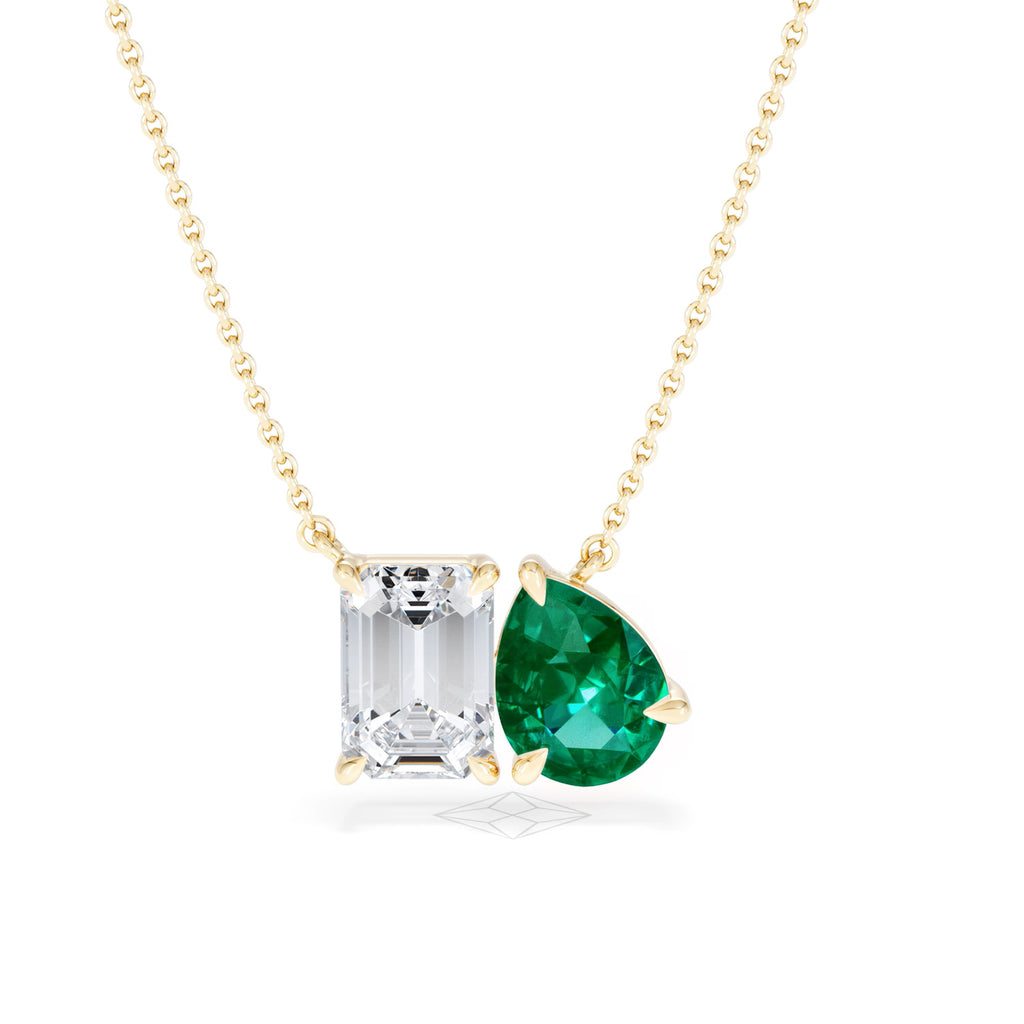 Toi Et Moi 1.50ct Emerald Cut Lab Diamond and 1.30ct Pear Lab Emerald Necklace in 18K Yellow Gold
