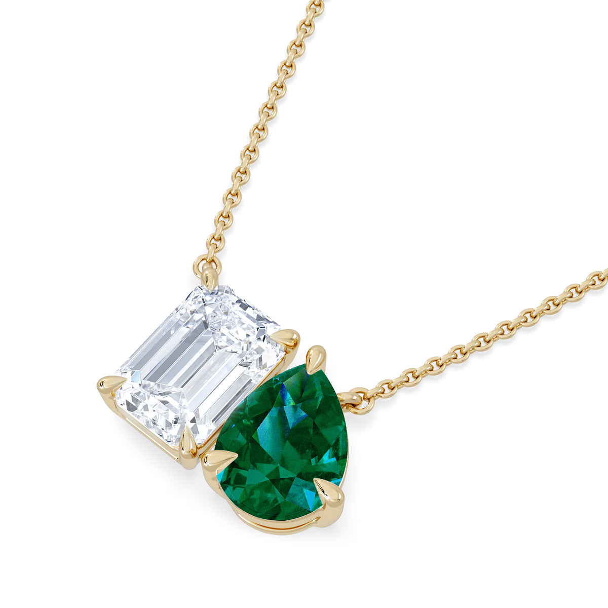 Toi Et Moi 1.50ct Emerald Cut Lab Diamond and 1.30ct Pear Lab Emerald Necklace in 18K Yellow Gold