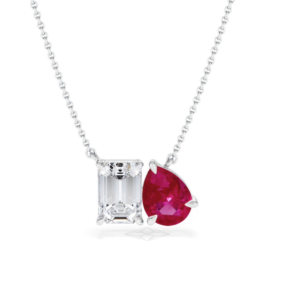 Toi Et Moi 1.50ct Emerald Cut Lab Diamond and 1.30ct Pear Lab Ruby Necklace in 18K White Gold