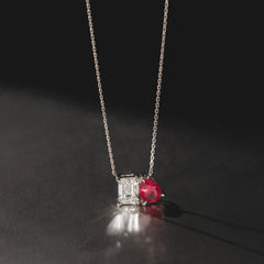 Toi Et Moi 1.50ct Emerald Cut Lab Diamond and 1.30ct Pear Lab Ruby Necklace in 18K White Gold