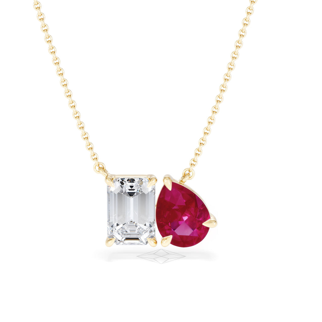 Toi Et Moi 1.50ct Emerald Cut Lab Diamond and 1.30ct Pear Lab Ruby Necklace in 18K Yellow Gold