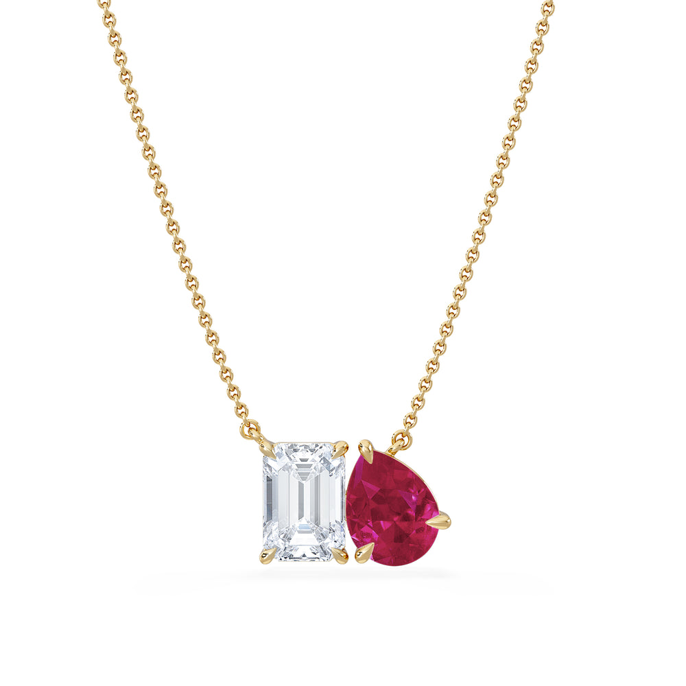 Toi Et Moi 1.50ct Emerald Cut Lab Diamond and 1.30ct Pear Lab Ruby Necklace in 18K Yellow Gold