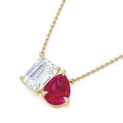 Toi Et Moi 1.50ct Emerald Cut Lab Diamond and 1.30ct Pear Lab Ruby Necklace in 18K Yellow Gold