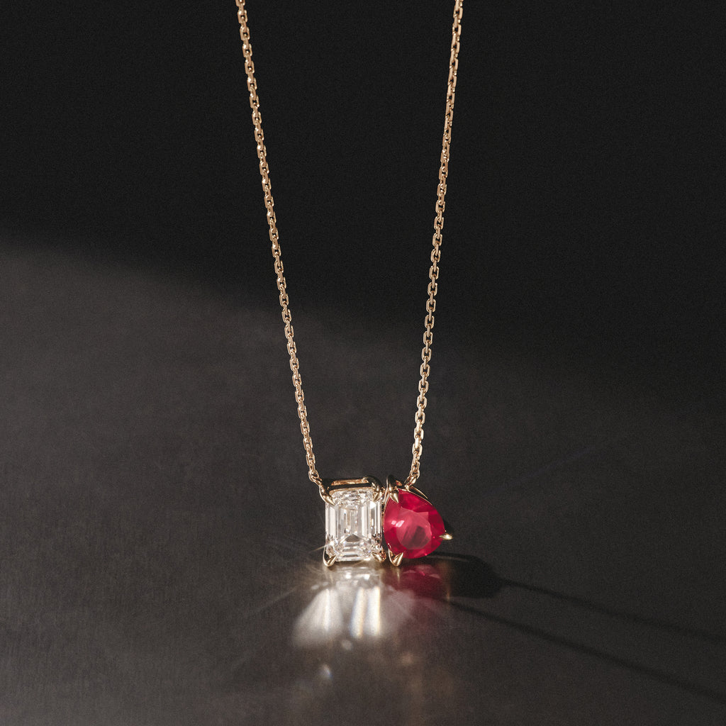 Toi Et Moi 1.50ct Emerald Cut Lab Diamond and 1.30ct Pear Lab Ruby Necklace in 18K Yellow Gold