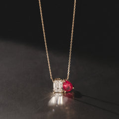 Toi Et Moi 1.50ct Emerald Cut Lab Diamond and 1.30ct Pear Lab Ruby Necklace in 18K Yellow Gold