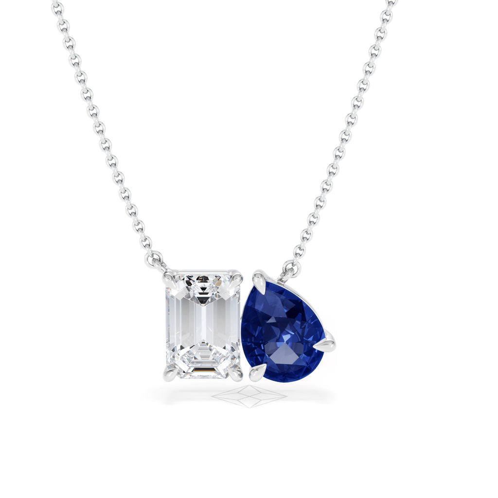 Toi Et Moi 1.50ct Emerald Cut Lab Diamond and 1.30ct Pear Lab Sapphire Necklace in 18K White Gold