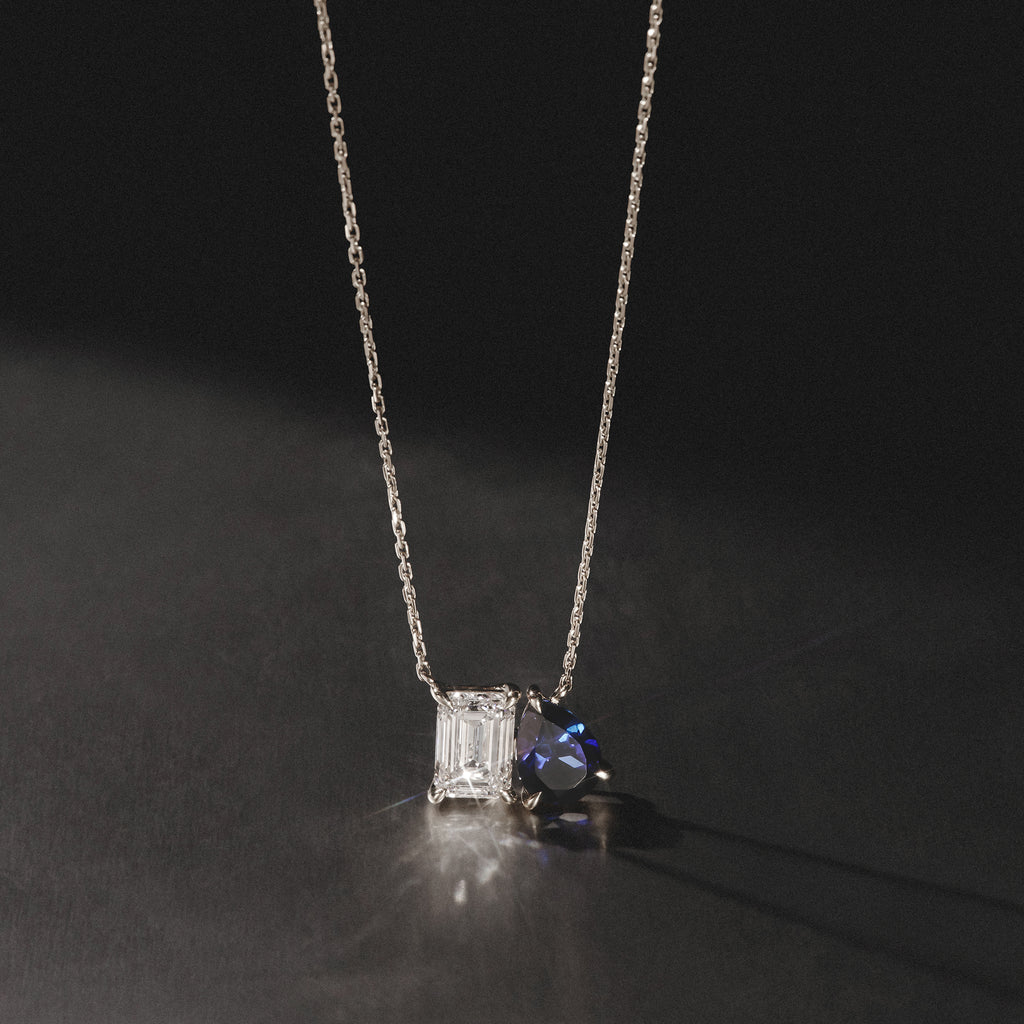 Toi Et Moi 1.50ct Emerald Cut Lab Diamond and 1.30ct Pear Lab Sapphire Necklace in 18K White Gold
