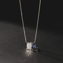 Toi Et Moi 1.50ct Emerald Cut Lab Diamond and 1.30ct Pear Lab Sapphire Necklace in 18K White Gold