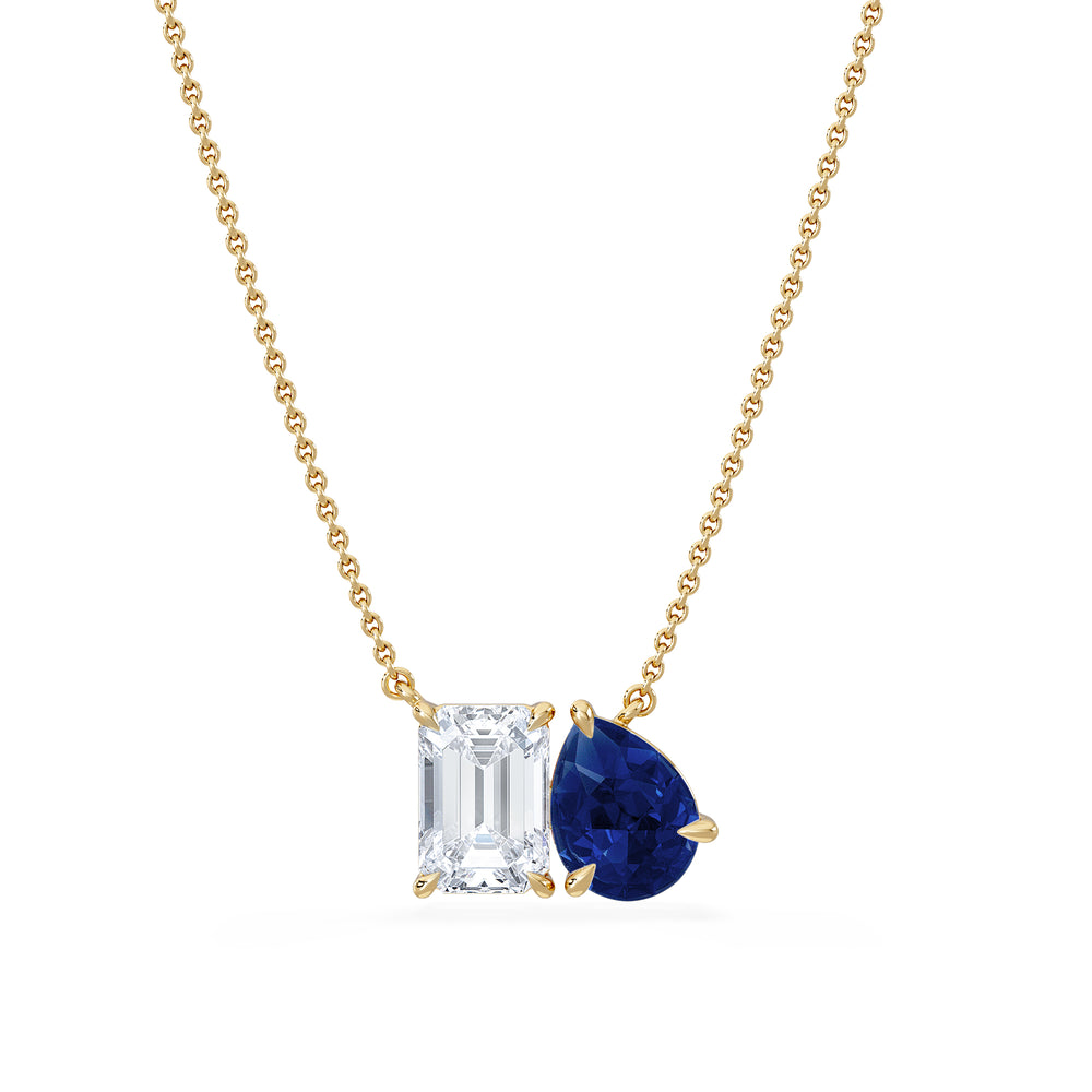 Toi Et Moi 1.50ct Emerald Cut Lab Diamond and 1.30ct Pear Lab Sapphire Necklace in 18K Yellow Gold