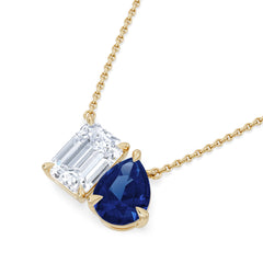 Toi Et Moi 1.50ct Emerald Cut Lab Diamond and 1.30ct Pear Lab Sapphire Necklace in 18K Yellow Gold