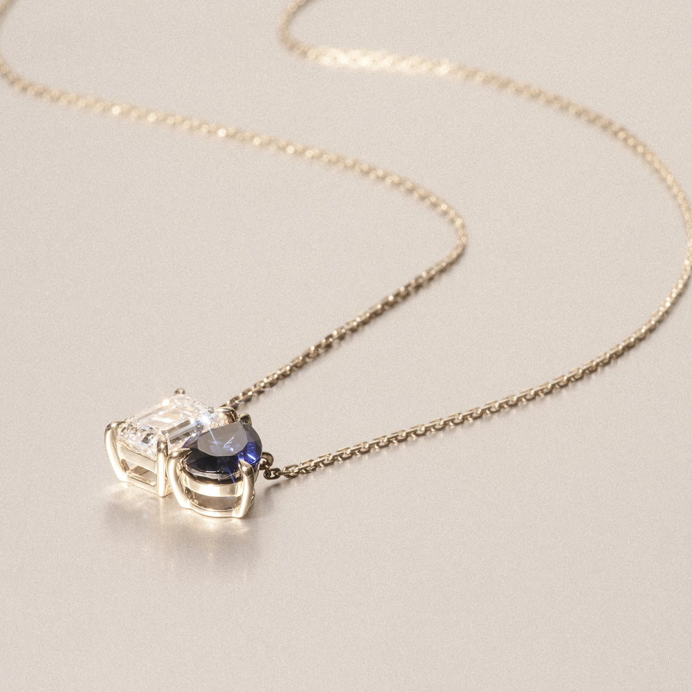 Toi Et Moi 1.50ct Emerald Cut Lab Diamond and 1.30ct Pear Lab Sapphire Necklace in 18K Yellow Gold