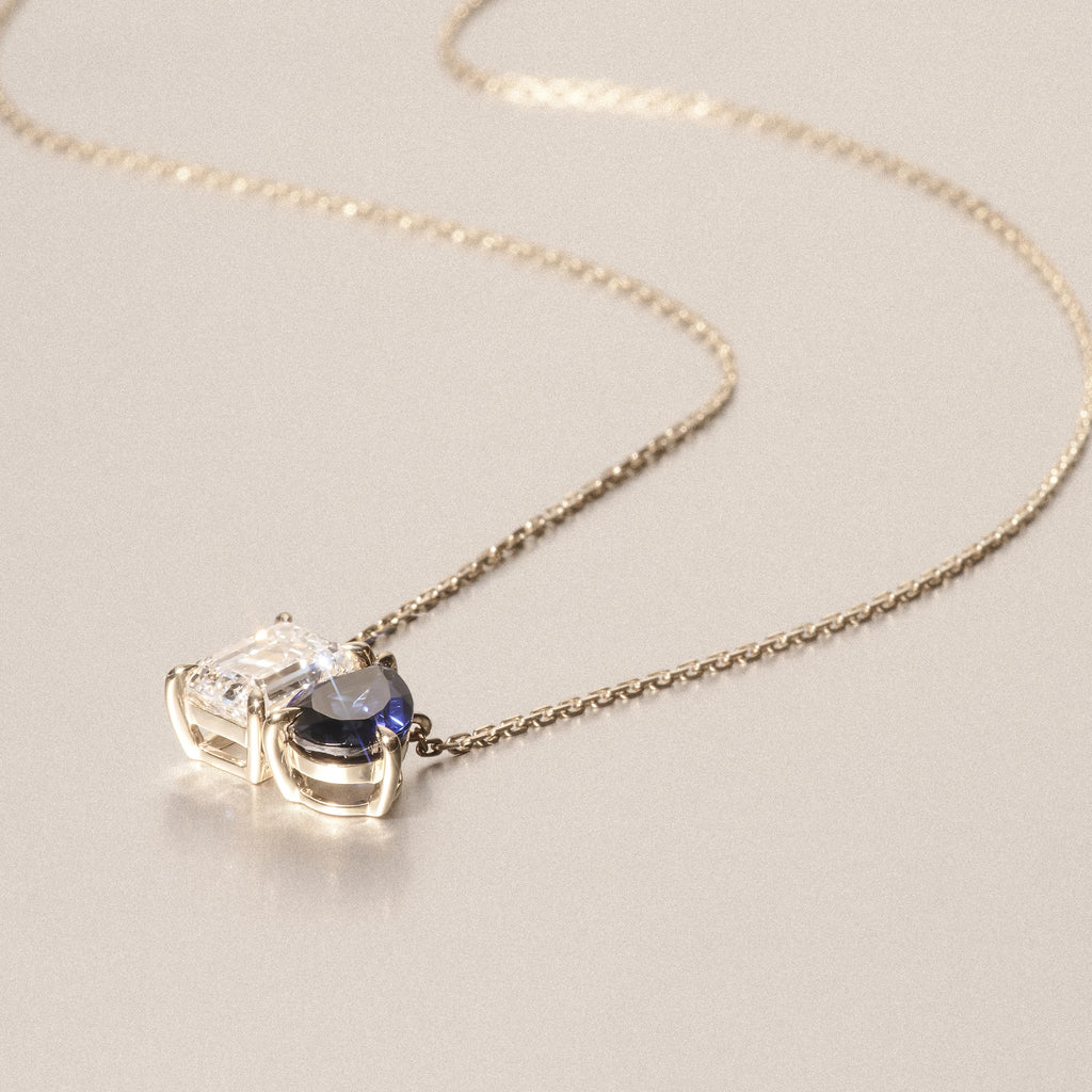 Toi Et Moi 1.50ct Emerald Cut Lab Diamond and 1.30ct Pear Lab Sapphire Necklace in 18K Yellow Gold