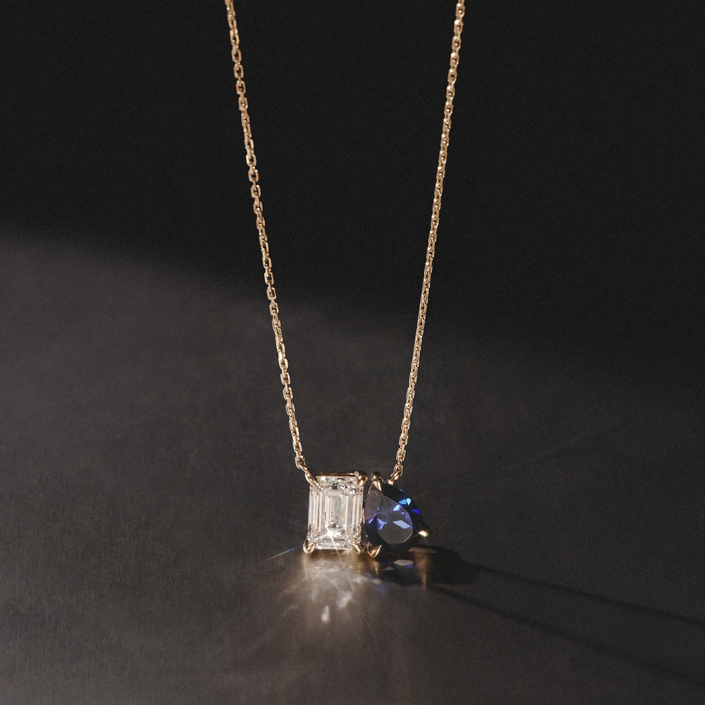 Toi Et Moi 1.50ct Emerald Cut Lab Diamond and 1.30ct Pear Lab Sapphire Necklace in 18K Yellow Gold