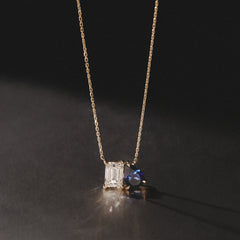 Toi Et Moi 1.50ct Emerald Cut Lab Diamond and 1.30ct Pear Lab Sapphire Necklace in 18K Yellow Gold