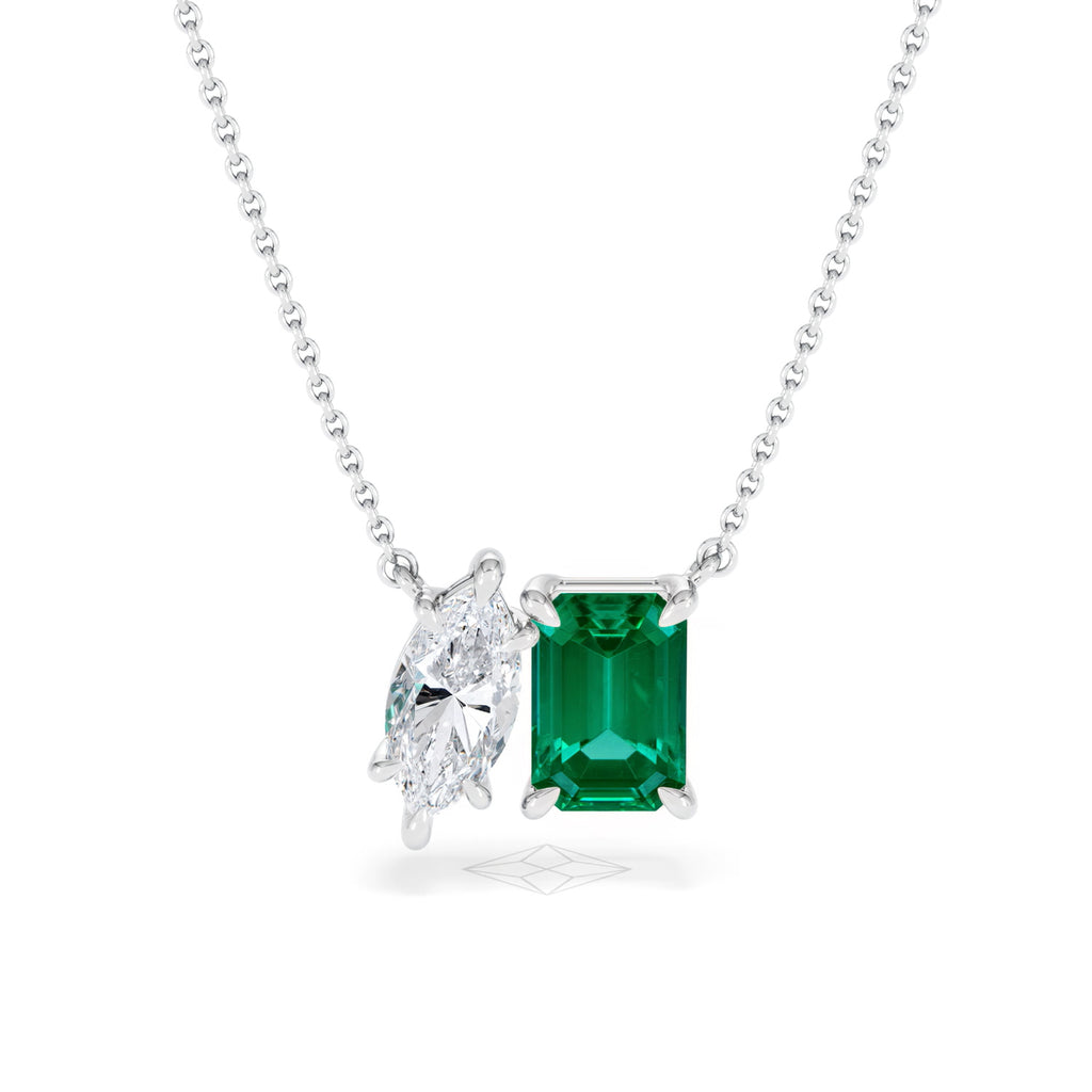 Toi Et Moi 1.50ct Marquise Lab Diamond and 2.50ct Emerald Cut Lab Emerald Necklace in 18K White Gold