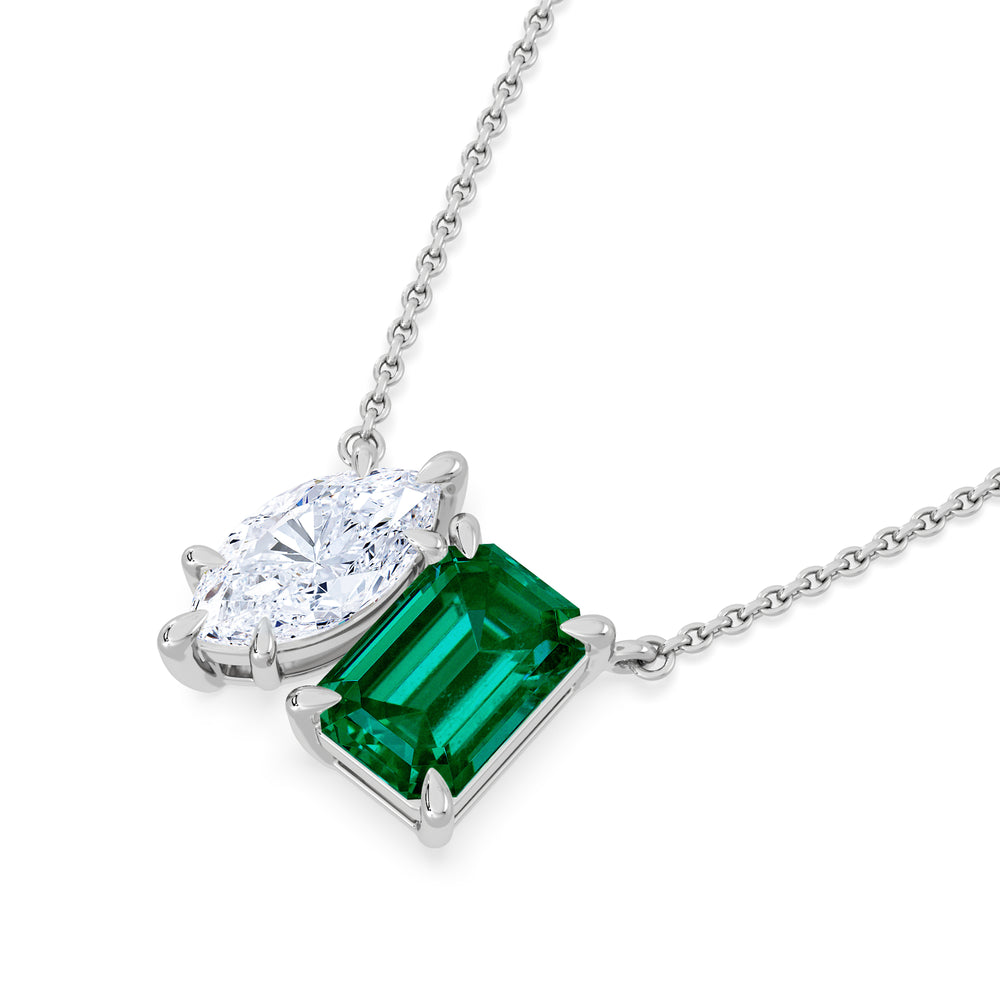 Toi Et Moi 1.50ct Marquise Lab Diamond and 2.50ct Emerald Cut Lab Emerald Necklace in 18K White Gold