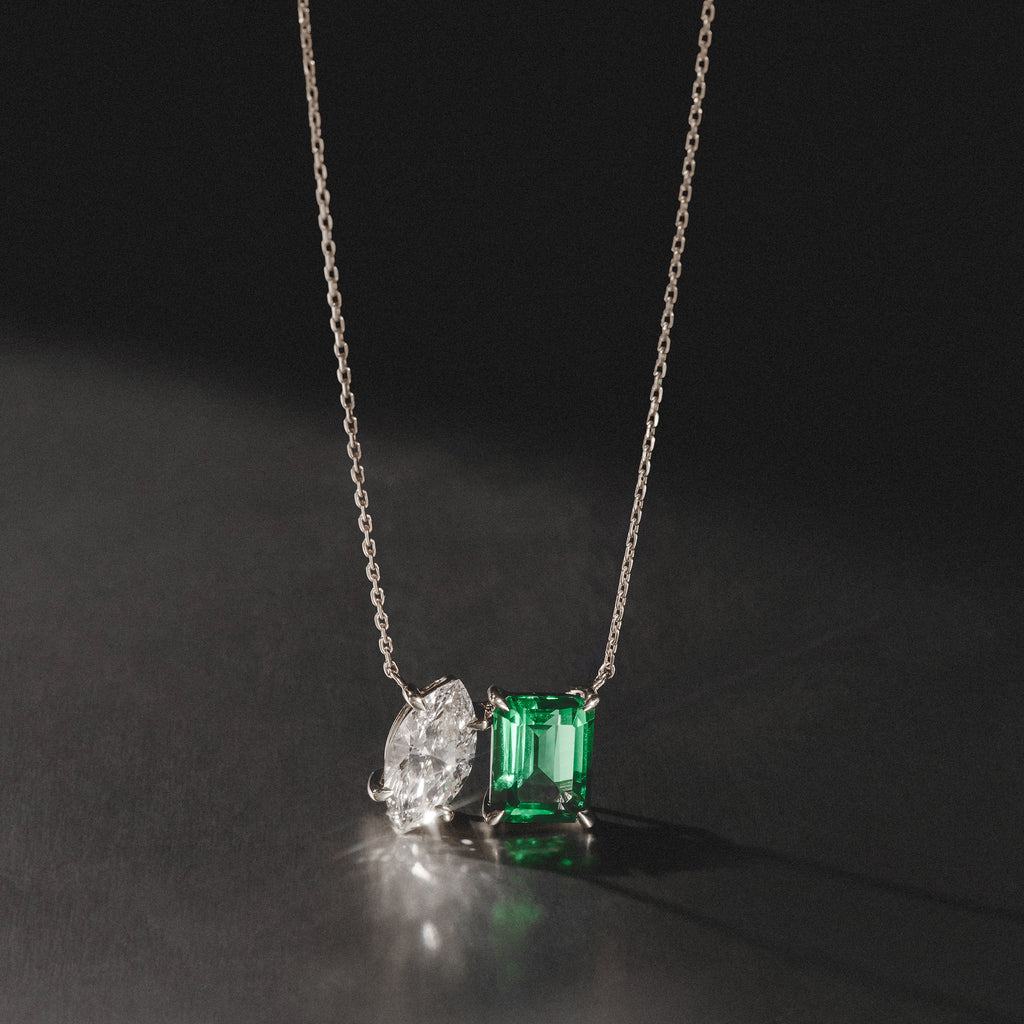 Toi Et Moi 1.50ct Marquise Lab Diamond and 2.50ct Emerald Cut Lab Emerald Necklace in 18K White Gold