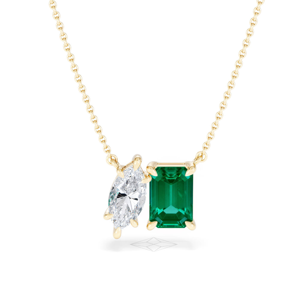 Toi Et Moi 1.50ct Marquise Lab Diamond and 2.50ct Emerald Cut Lab Emerald Necklace in 18K Yellow Gold