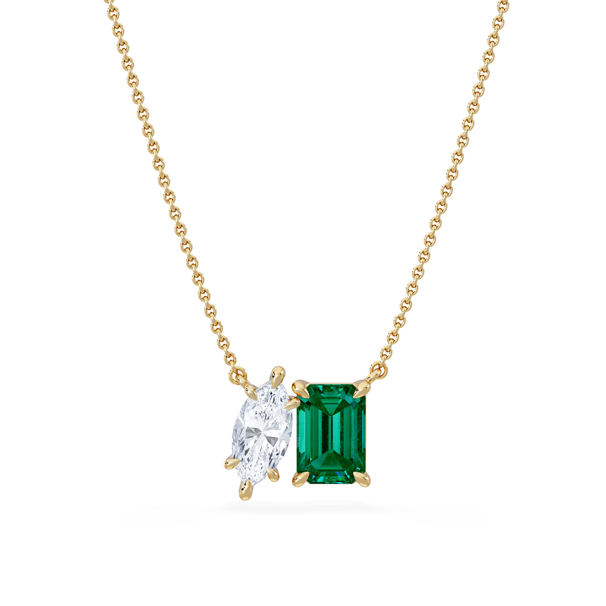 Toi Et Moi 1.50ct Marquise Lab Diamond and 2.50ct Emerald Cut Lab Emerald Necklace in 18K Yellow Gold