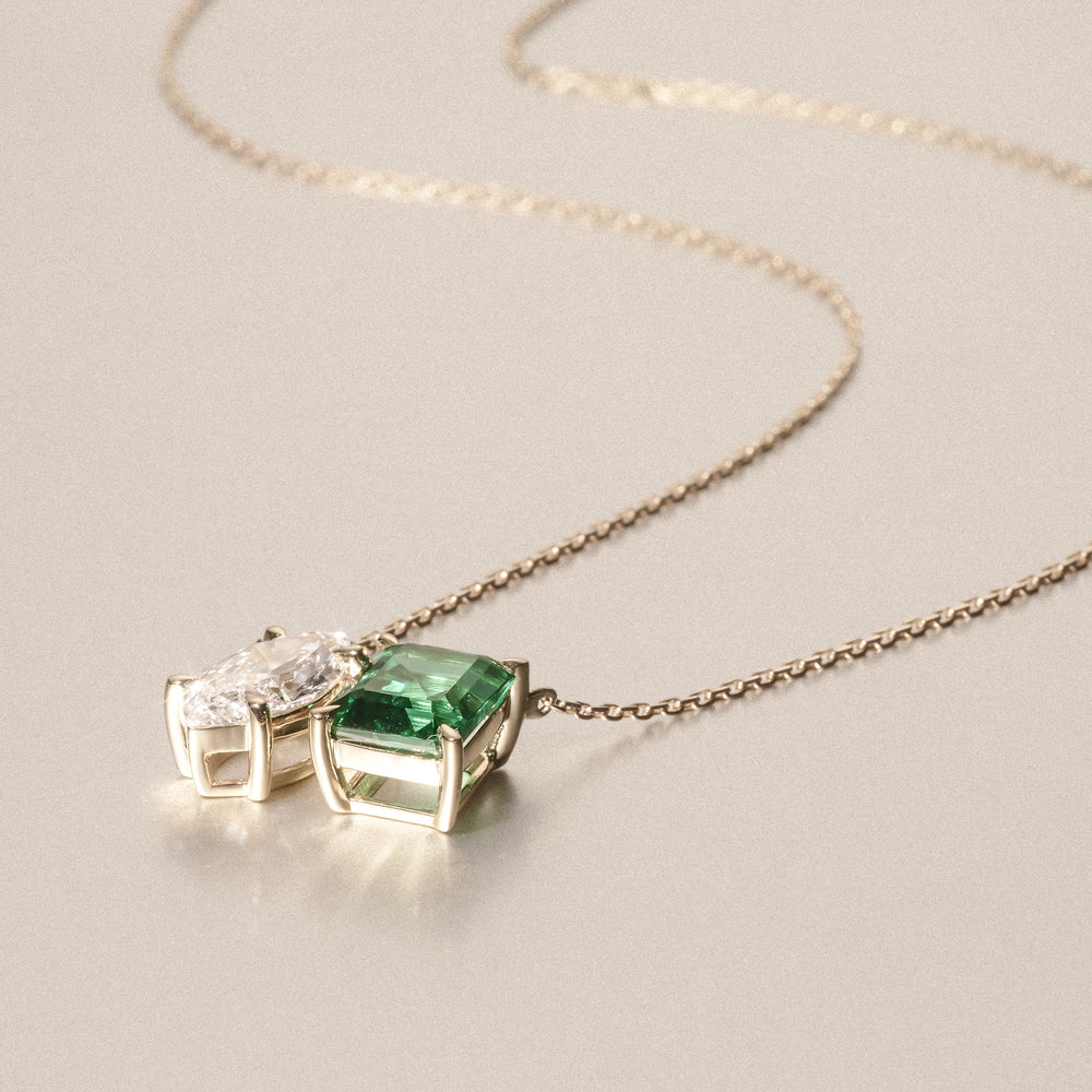 Toi Et Moi 1.50ct Marquise Lab Diamond and 2.50ct Emerald Cut Lab Emerald Necklace in 18K Yellow Gold