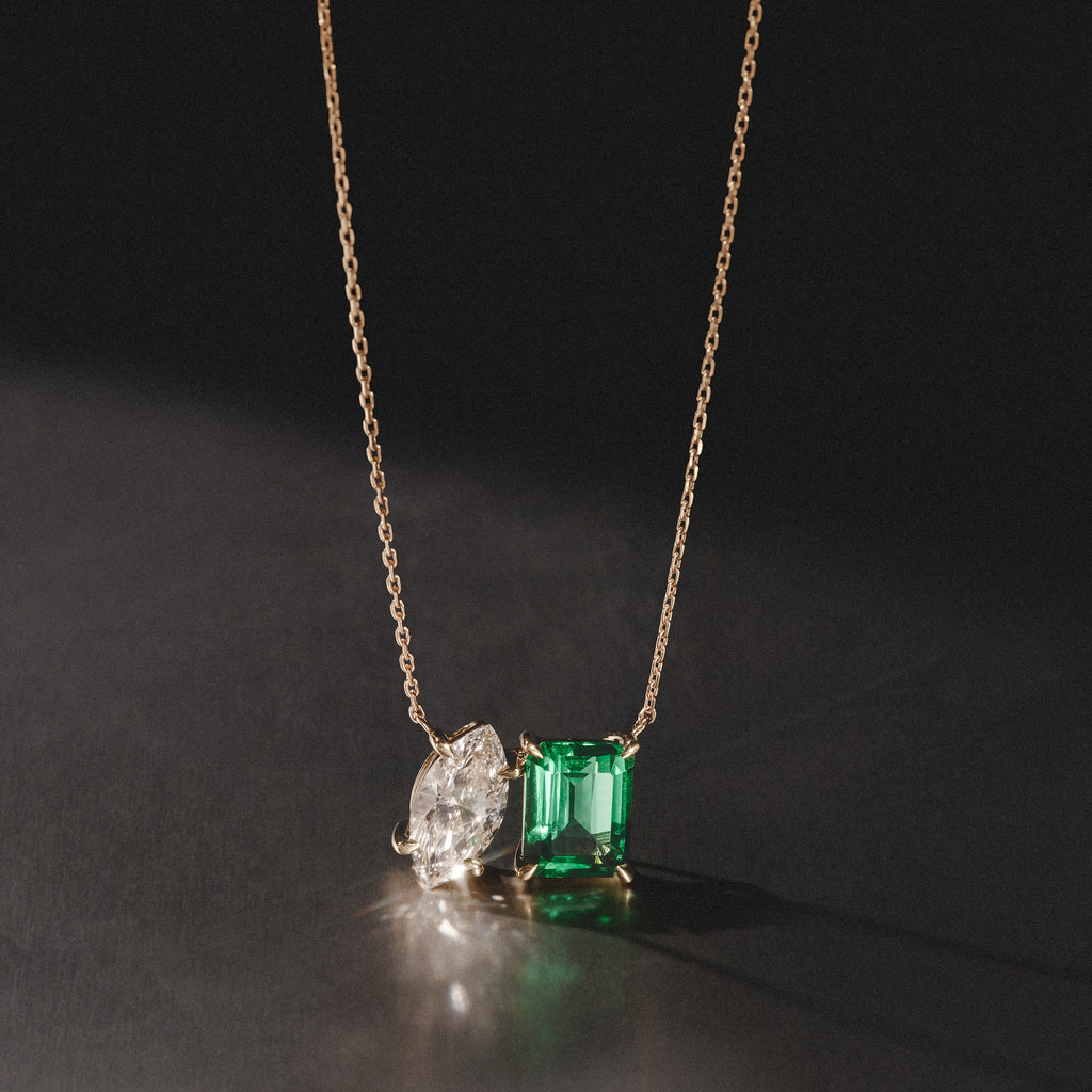 Toi Et Moi 1.50ct Marquise Lab Diamond and 2.50ct Emerald Cut Lab Emerald Necklace in 18K Yellow Gold