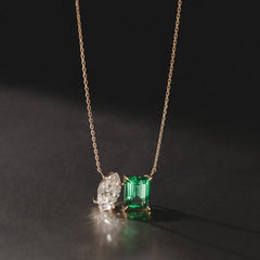 Toi Et Moi 1.50ct Marquise Lab Diamond and 2.50ct Emerald Cut Lab Emerald Necklace in 18K Yellow Gold