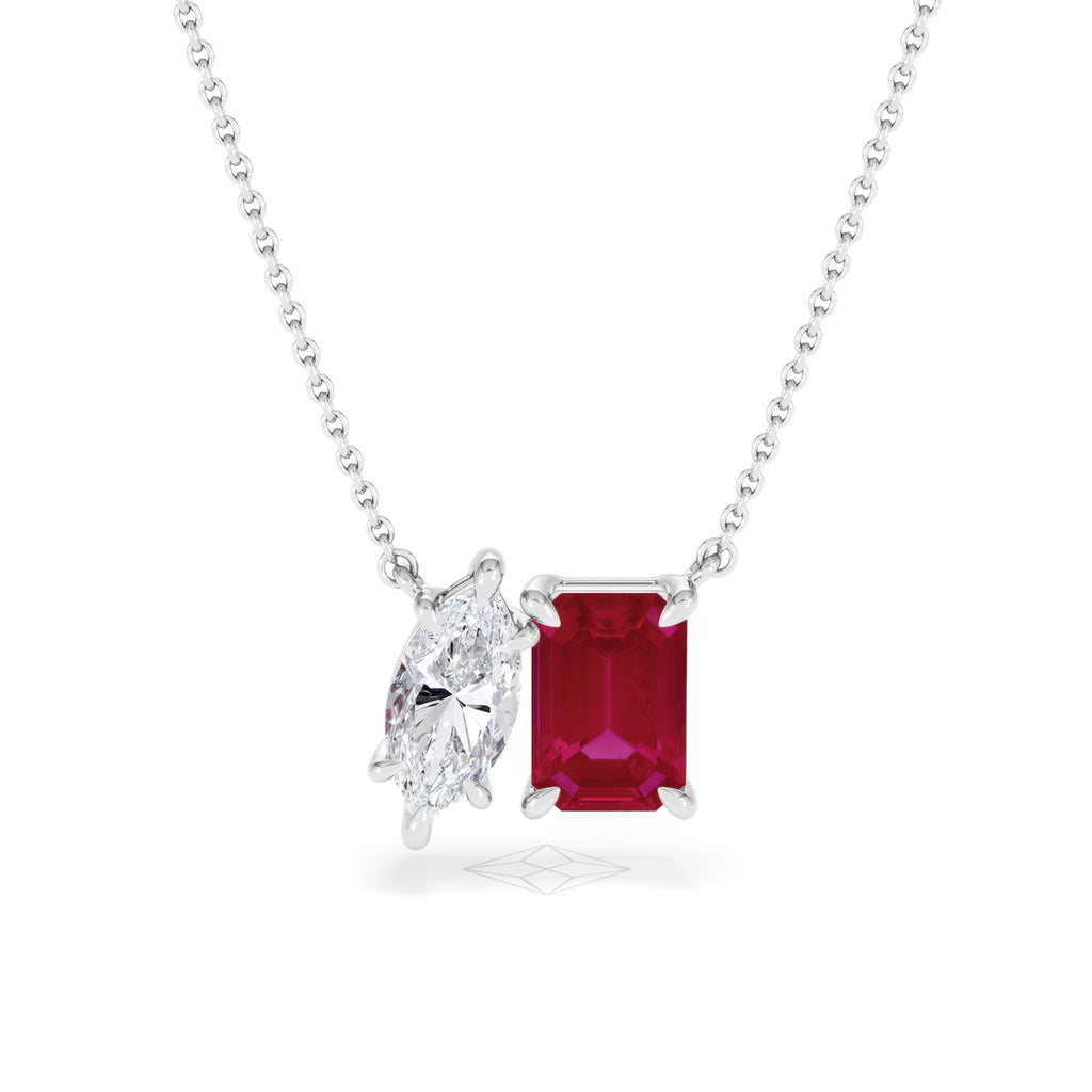 Toi Et Moi 1.50ct Marquise Lab Diamond and 2.50ct Emerald Cut Lab Ruby Necklace in 18K White Gold