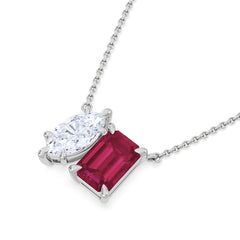 Toi Et Moi 1.50ct Marquise Lab Diamond and 2.50ct Emerald Cut Lab Ruby Necklace in 18K White Gold