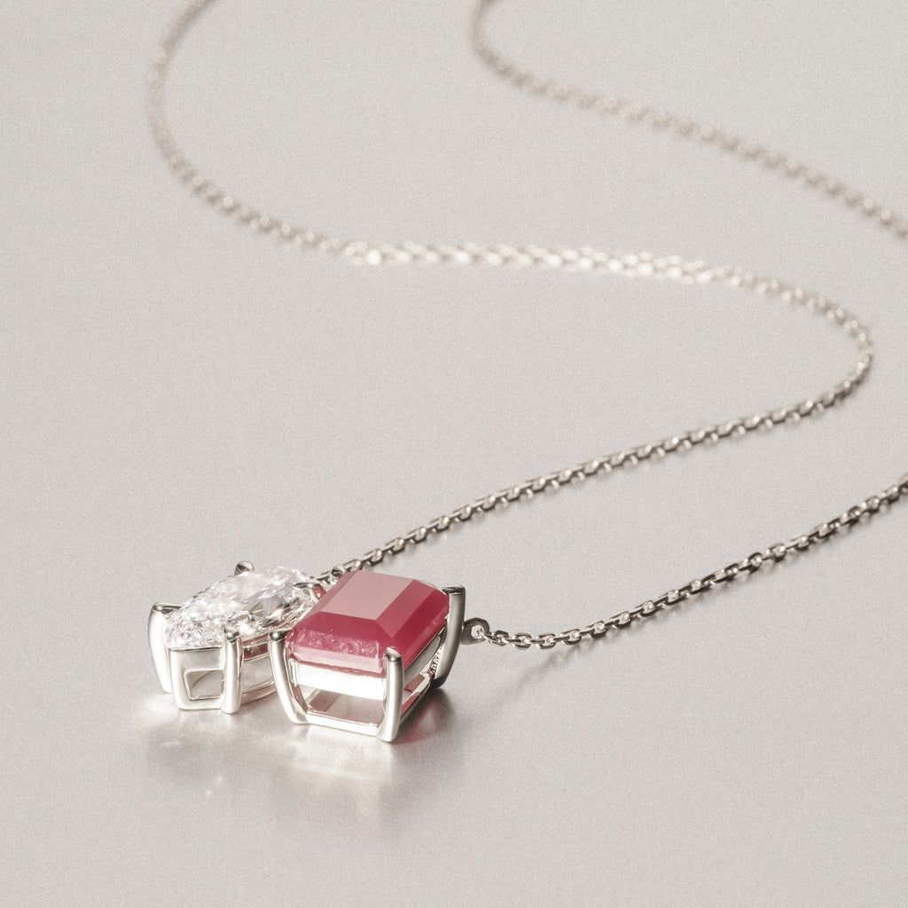 Toi Et Moi 1.50ct Marquise Lab Diamond and 2.50ct Emerald Cut Lab Ruby Necklace in 18K White Gold