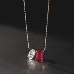 Toi Et Moi 1.50ct Marquise Lab Diamond and 2.50ct Emerald Cut Lab Ruby Necklace in 18K White Gold