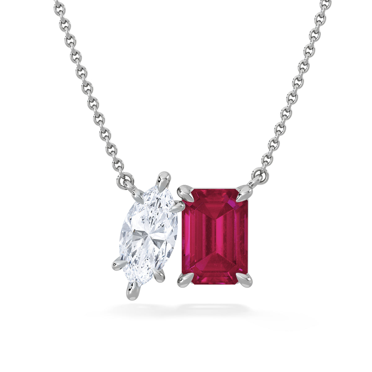 Toi Et Moi 1.50ct Marquise Lab Diamond and 2.50ct Emerald Cut Lab Ruby Necklace in 18K White Gold