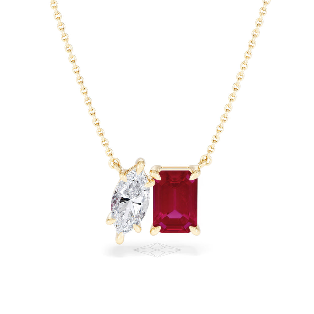 Toi Et Moi 1.50ct Marquise Lab Diamond and 2.50ct Emerald Cut Lab Ruby Necklace in 18K Yellow Gold
