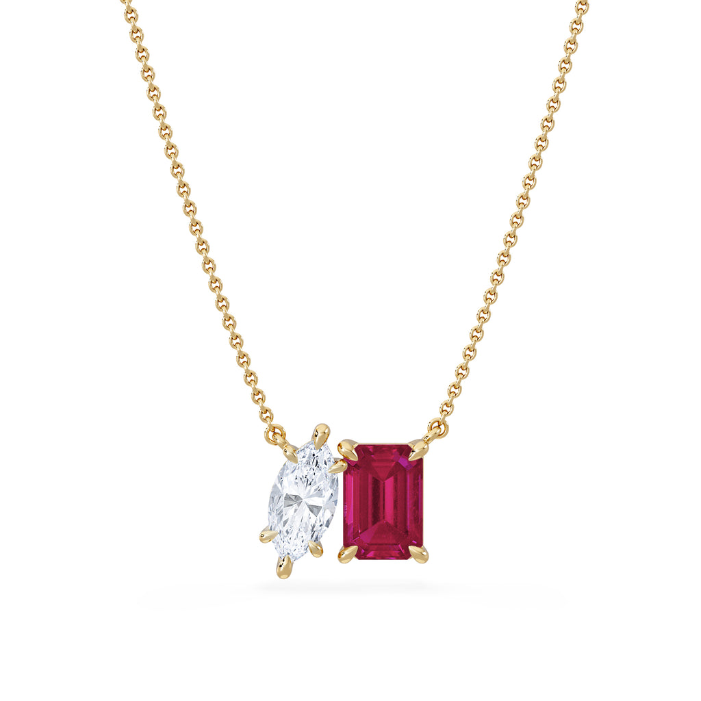 Toi Et Moi 1.50ct Marquise Lab Diamond and 2.50ct Emerald Cut Lab Ruby Necklace in 18K Yellow Gold