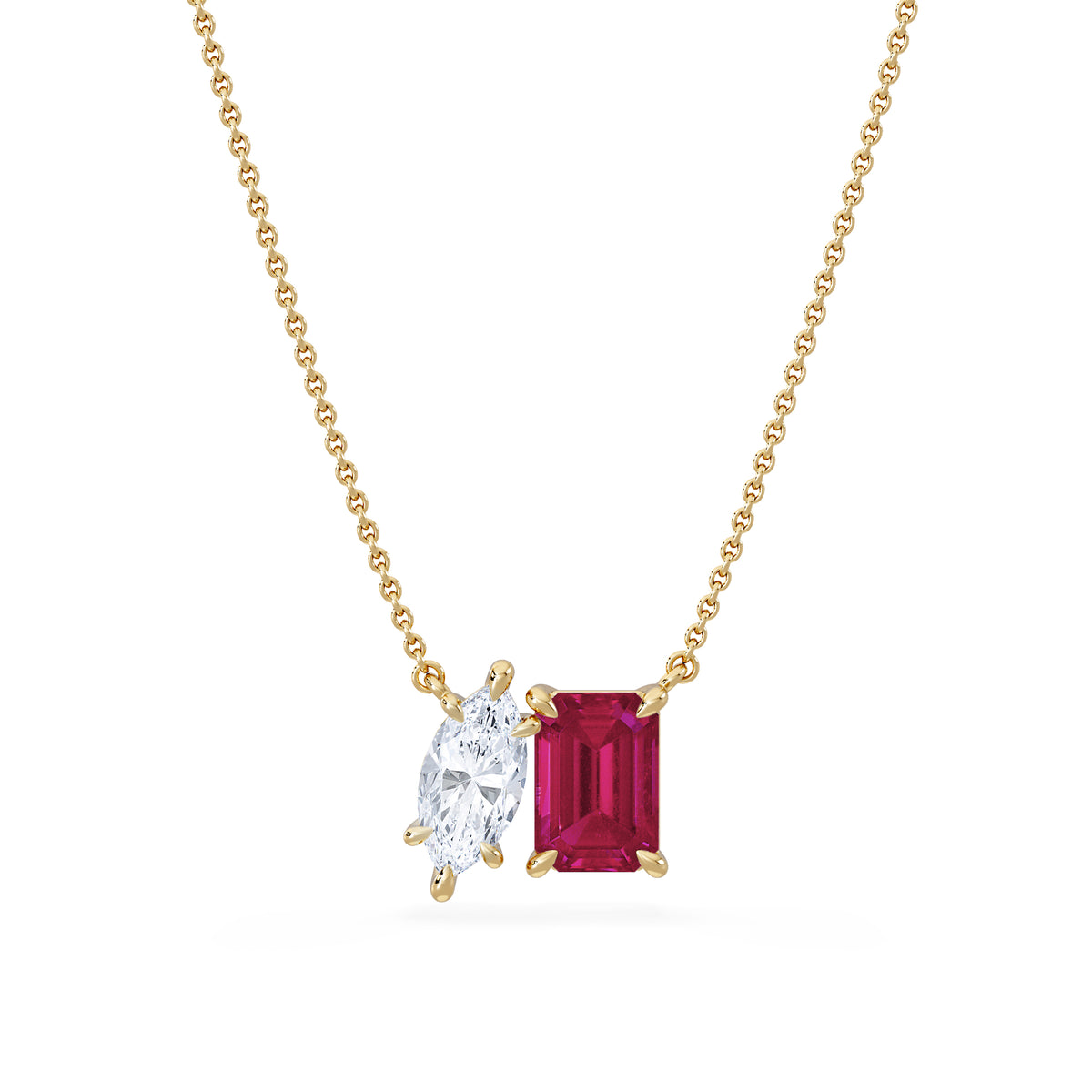 Toi Et Moi 1.50ct Marquise Lab Diamond and 2.50ct Emerald Cut Lab Ruby Necklace in 18K Yellow Gold