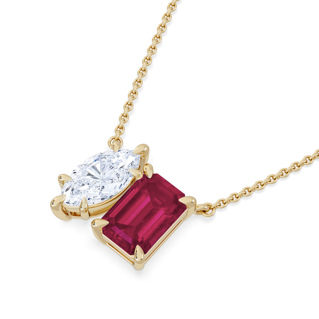 Toi Et Moi 1.50ct Marquise Lab Diamond and 2.50ct Emerald Cut Lab Ruby Necklace in 18K Yellow Gold