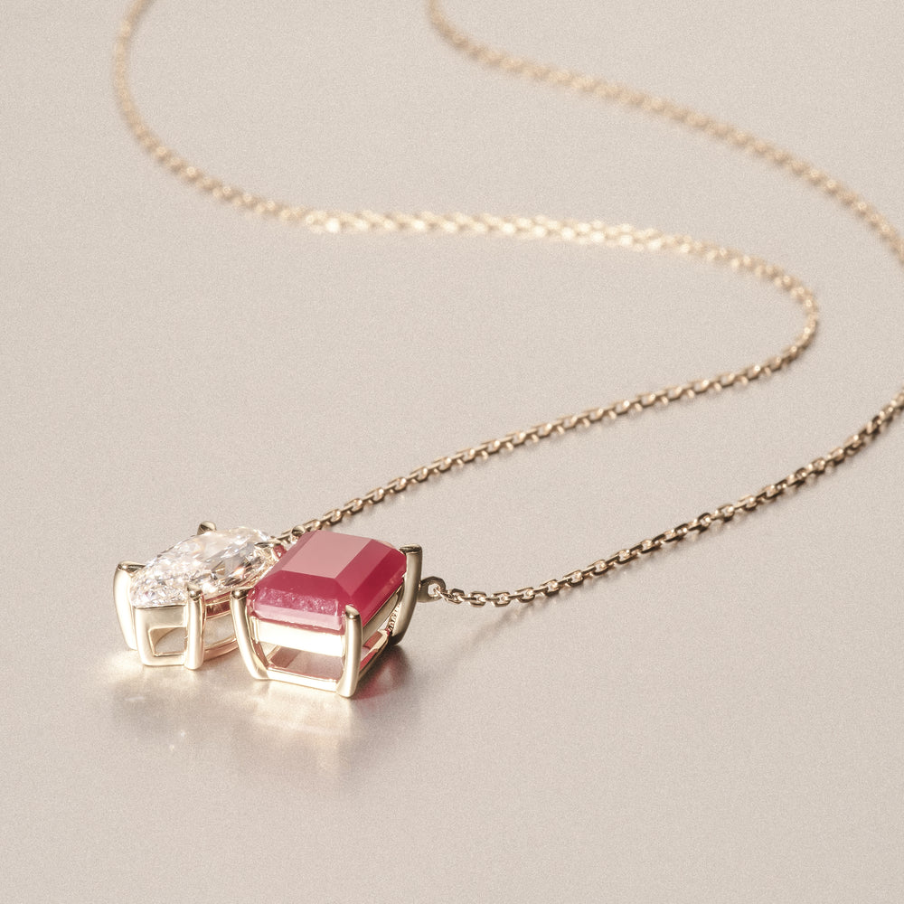 Toi Et Moi 1.50ct Marquise Lab Diamond and 2.50ct Emerald Cut Lab Ruby Necklace in 18K Yellow Gold