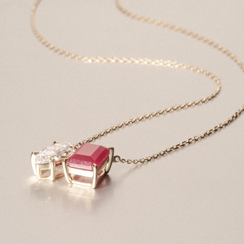 Toi Et Moi 1.50ct Marquise Lab Diamond and 2.50ct Emerald Cut Lab Ruby Necklace in 18K Yellow Gold