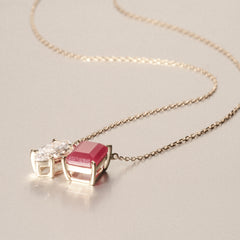 Toi Et Moi 1.50ct Marquise Lab Diamond and 2.50ct Emerald Cut Lab Ruby Necklace in 18K Yellow Gold
