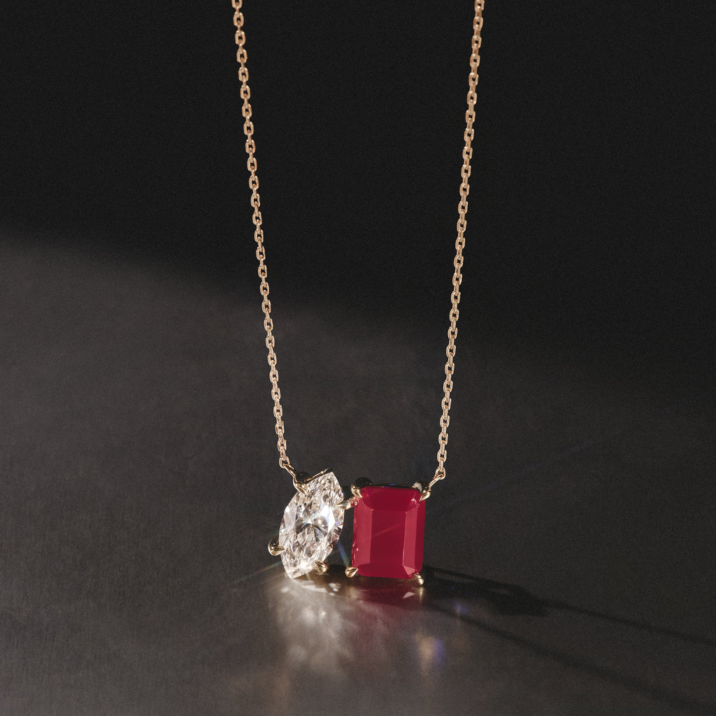Toi Et Moi 1.50ct Marquise Lab Diamond and 2.50ct Emerald Cut Lab Ruby Necklace in 18K Yellow Gold