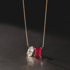 Toi Et Moi 1.50ct Marquise Lab Diamond and 2.50ct Emerald Cut Lab Ruby Necklace in 18K Yellow Gold