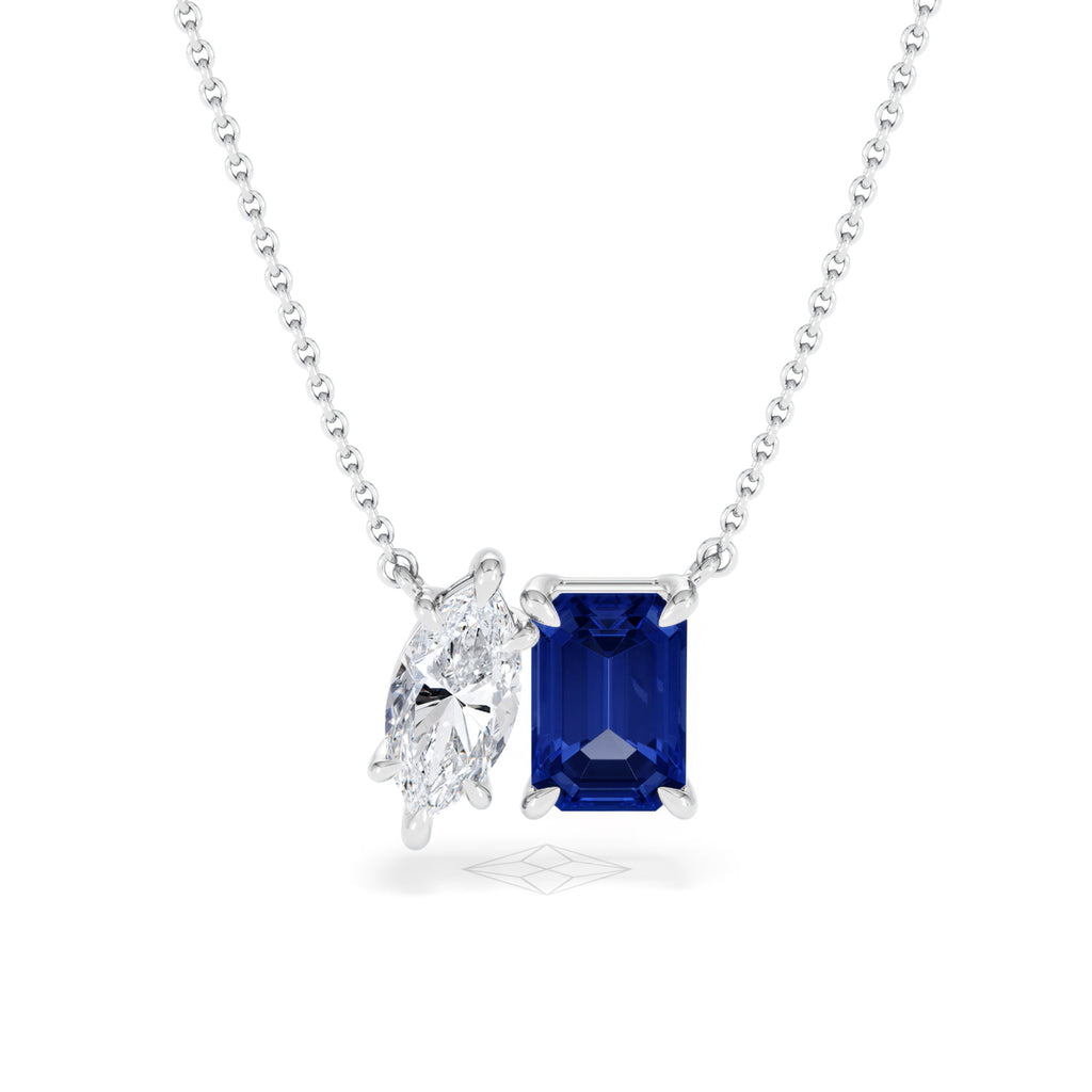Toi Et Moi 1.50ct Marquise Lab Diamond and 2.50ct Emerald Cut Lab Sapphire Necklace in 18K White Gold