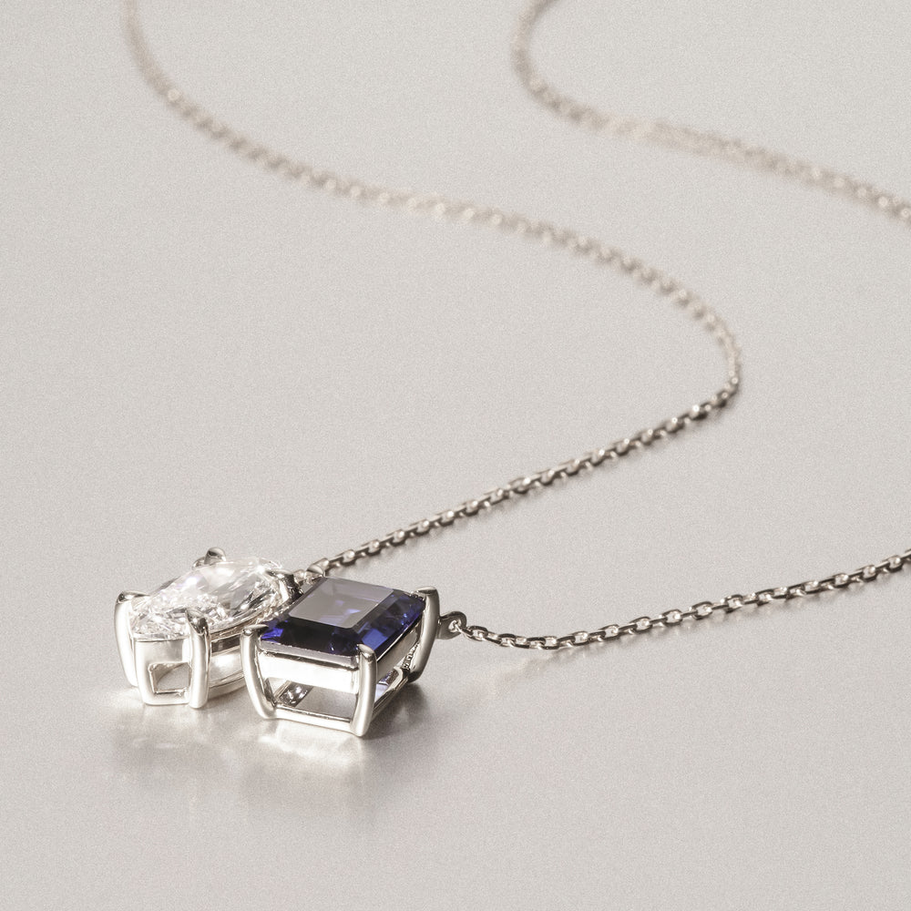 Toi Et Moi 1.50ct Marquise Lab Diamond and 2.50ct Emerald Cut Lab Sapphire Necklace in 18K White Gold