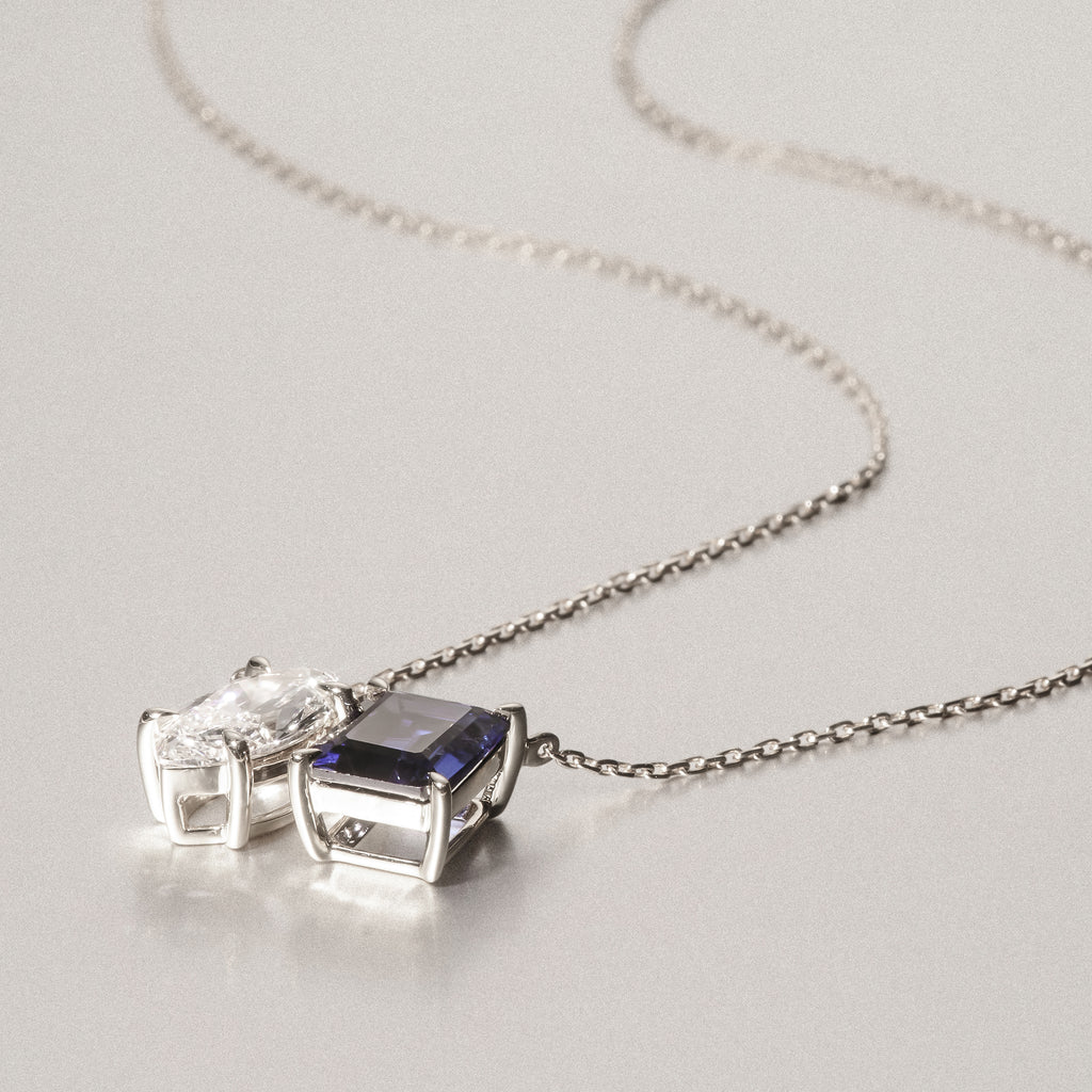 Toi Et Moi 1.50ct Marquise Lab Diamond and 2.50ct Emerald Cut Lab Sapphire Necklace in 18K White Gold